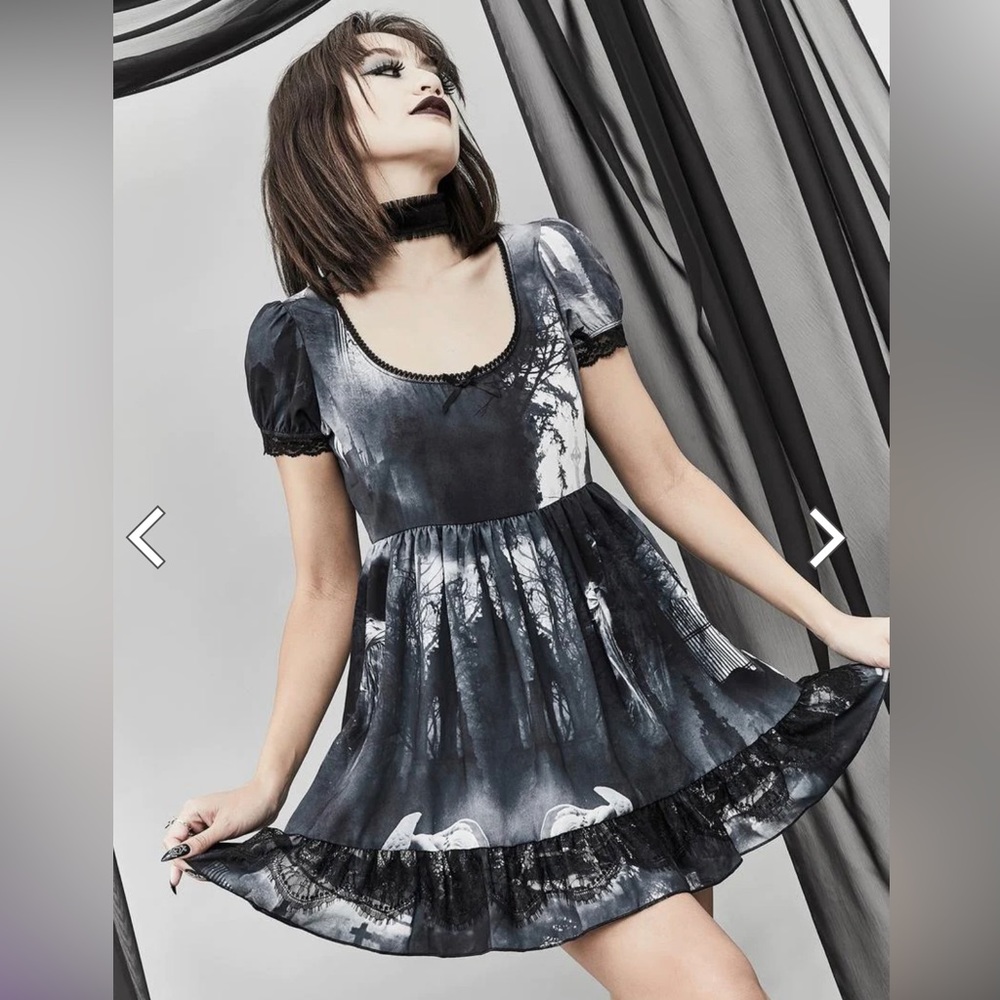 New DOLLSKILL Widow black /white graveyard goth babydoll dress sz XXS,S,M